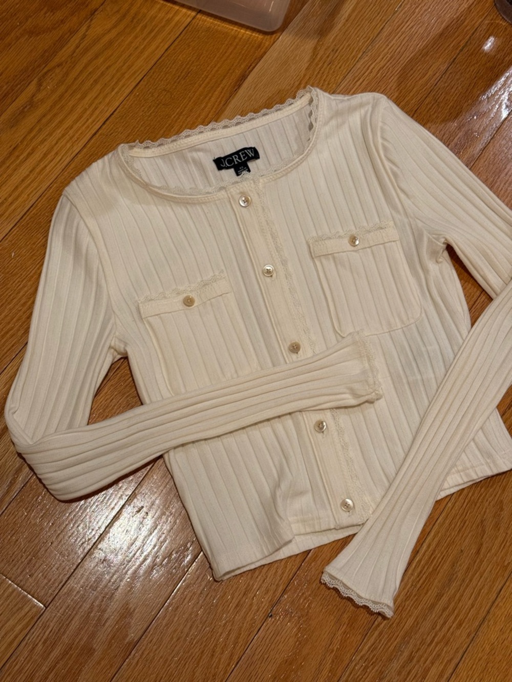 J. Crew Cream Ribbed Button-Front Cardigan with Pocket Details